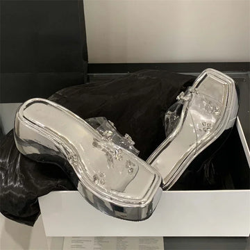 Xajzpa Diamond PVC Transparent Slippers Women Solid Platform Wedges Shoes Summer Square Toe High Heels Sandals